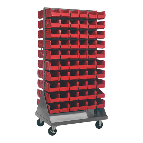 Quantum Storage Systems QMD-36H-230RD 36" x 25" x 72" Gray Steel Mobile Double-Sided Louvered Rack with (120) 10 7/8" x 5 1/2" x 5" Red Bins