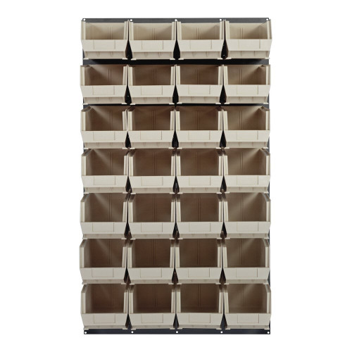 Quantum Storage Systems QLP-3661-240-28IV 36" x 61" Gray Steel Louvered Panel with (28) 14 3/4" x 8 1/4" x 7" Ivory Bins