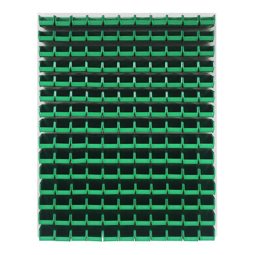 Quantum Storage Systems QLP-4861HC-220-165GN 48" x 61" Oyster White Steel Louvered Panel with (165) 7 3/8" x 4 1/8" x 3" Green Bins