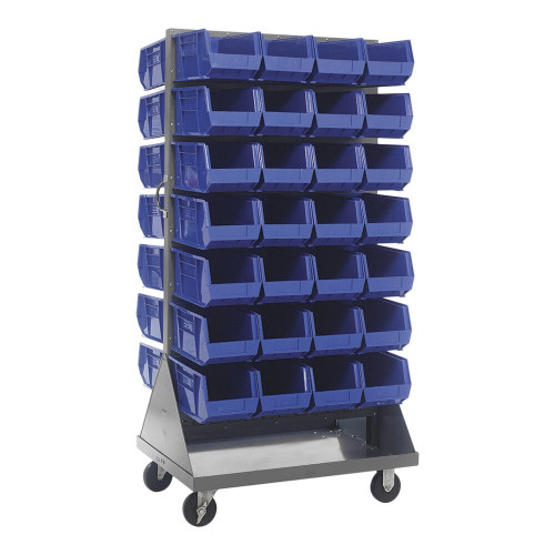 Quantum Storage Systems QMD-36H-240BL 36" x 25" x 72" Gray Steel Mobile Double-Sided Louvered Rack with (56) 14 3/4" x 8 1/4" x 7" Blue Bins