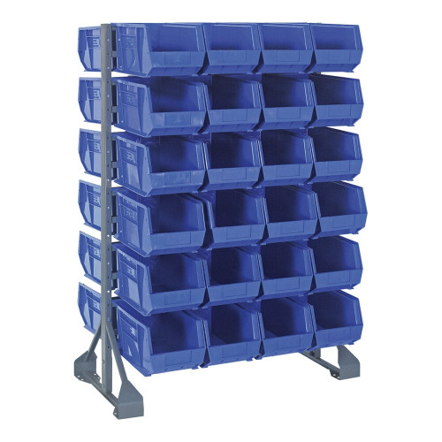 Quantum Storage Systems QRU-12D-240-48BL 36" x 20" x 53" Gray Steel Double-Sided Rail Rack with (48) 14 3/4" x 8 1/4" x 7" Blue Bins and (12) Rails