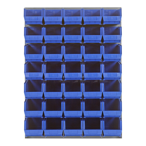 Quantum Storage Systems QLP-4861-240-35BL 48" x 61" Gray Steel Louvered Panel with (35) 14 3/4" x 8 1/4" x 7" Blue Bins