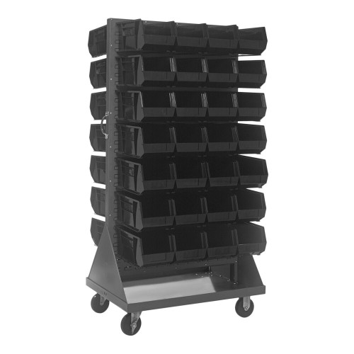 Quantum Storage Systems QMD-36H-240BK 36" x 25" x 72" Gray Steel Mobile Double-Sided Louvered Rack with (56) 14 3/4" x 8 1/4" x 7" Black Bins
