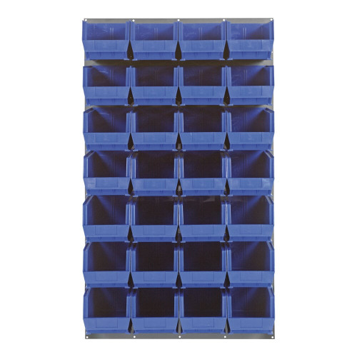Quantum Storage Systems QLP-3661-240-28BL 36" x 61" Gray Steel Louvered Panel with (28) 14 3/4" x 8 1/4" x 7" Blue Bins