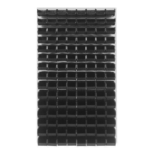 Quantum Storage Systems QLP-3661HC-220-120BK 36" x 61" Oyster White Steel Louvered Panel with (120) 7 3/8" x 4 1/8" x 3" Black Bins