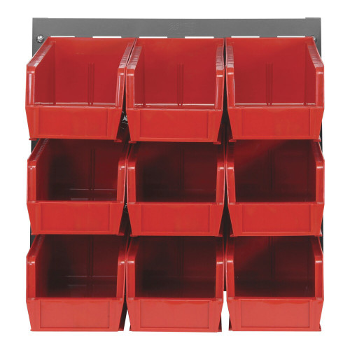 Quantum Storage Systems QLP-1819-230-9RD 18" x 19" Gray Steel Louvered Panel with (9) 10 7/8" x 5 1/2" x 5" Red Bins
