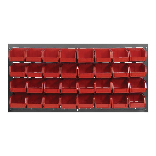 Quantum Storage Systems QLP-3619-210-32RD 36" x 19" Gray Steel Louvered Panel with (32) 5 3/8" x 4 1/8" x 3" Red Bins