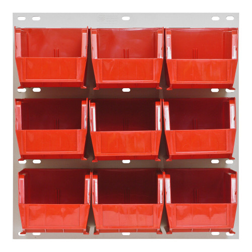 Quantum Storage Systems QLP-1819HC-230-9RD 18" x 19" Oyster White Steel Louvered Panel with (9) 10 7/8" x 5 1/2" x 5" Red Bins