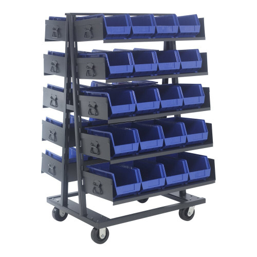 Quantum Storage Systems TTD-OT15-240BL 40" x 38" x 67" Steel Doubled-Sided Mobile Frame with 10 Open Front Trays and (40) 14 3/4" x 8 1/4" x 7" Blue Bins