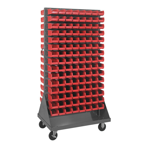 Quantum Storage Systems QMD-36H-220RD 36" x 25" x 72" Gray Steel Mobile Double-Sided Louvered Rack with (240) 7 3/8" x 4 1/8" x 3" Red Bins