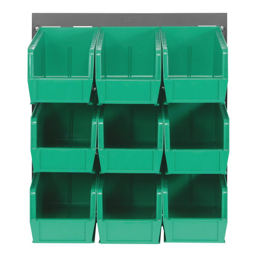 Quantum Storage Systems QLP-1819-230-9GN 18" x 19" Gray Steel Louvered Panel with (9) 10 7/8" x 5 1/2" x 5" Green Bins