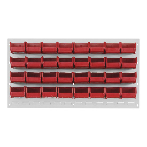 Quantum Storage Systems QLP-3619HC-210-32RD 36" x 19" Oyster White Steel Louvered Panel with (32) 5 3/8" x 4 1/8" x 3" Red Bins