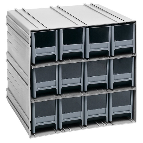 Quantum Storage Systems QIC-122GY 11 3/8" x 11 3/4" x 11" Interlocking Storage Cabinets with 12 Gray Medium Drawers with Windows
