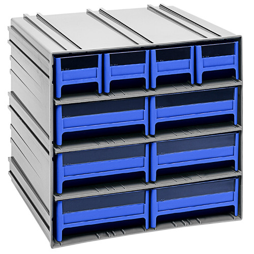 Quantum Storage Systems QIC-4163BL 11 3/8" x 11 3/4" x 11" Interlocking Storage Cabinets with 4 Blue Compact Drawers and 6 Large Drawers with Windows