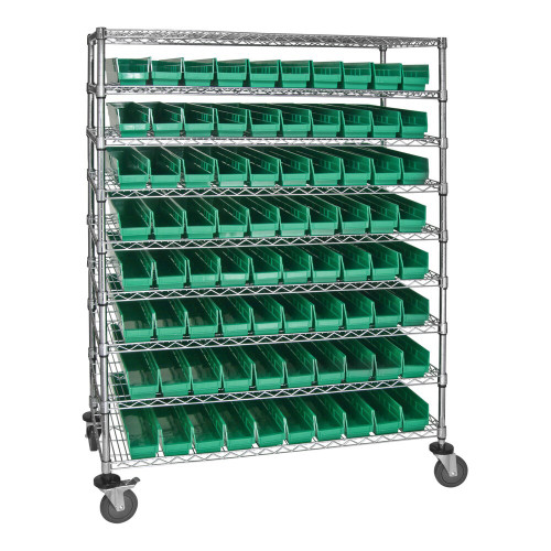 Quantum Storage Systems WRC9-63-2448-105GN 48" x 24" x 69" Carbon Steel Mobile Medical Cart with 9 Wire Shelves and (80) 23 5/8" x 4 1/8" x 4" Green Bins
