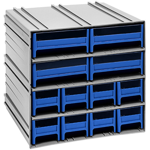 Quantum Storage Systems QIC-8143BL 11 3/8" x 11 3/4" x 11" Interlocking Storage Cabinets with 8 Blue Compact Drawers and 4 Large Drawers with Windows