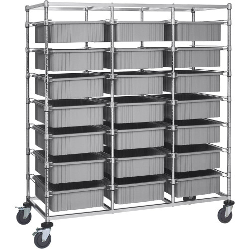 Quantum Storage Systems BC216069M1TGY 24" x 60" x 69" Triple Mobile Bin Cart with 21 Gray Divider Bins