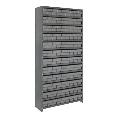 Quantum Storage Systems CL1275-501GY Super Tuff 36" x 12" x 75" Steel Closed 13-Shelf Euro Drawer Shelving System with (108) 11 5/8" x 3 3/4" x 4 5/8" Gray Bins