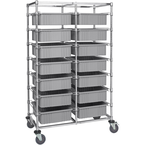 Quantum Storage Systems BC214069M1DGY 24" x 40" x 69" Double Mobile Bin Cart with 14 Gray Divider Bins
