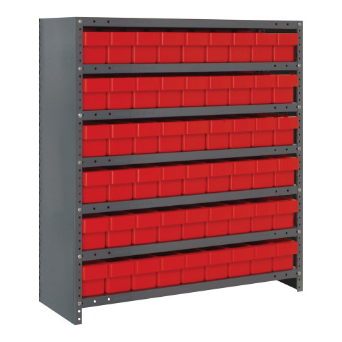 Quantum Storage Systems CL1839-604RD Super Tuff 36" x 18" x 39" Steel Closed 7-Shelf Euro Drawer Shelving System with (54) 17 7/8" x 3 3/4" x 4 5/8" Red Bins