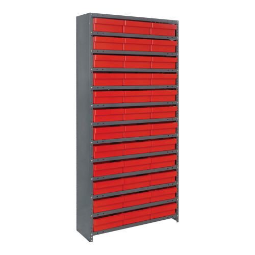 Quantum Storage Systems CL1275-801RD Super Tuff 36" x 12" x 75" Steel Closed 13-Shelf Euro Drawer Shelving System with (36) 11 5/8" x 11 1/8" x 4 5/8" Red Bins