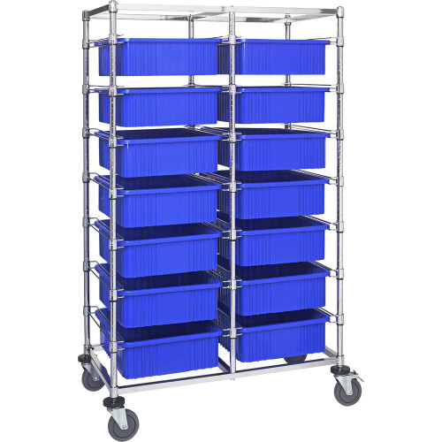 Quantum Storage Systems BC214069M1DBL 24" x 40" x 69" Double Mobile Bin Cart with 14 Blue Divider Bins