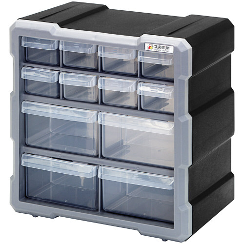 Quantum Storage Systems PDC-12BK 6 1/4" x 10 1/2" x 10 1/4" Plastic Drawer Cabinet with 8 Clear Compact Drawers and 4 Medium Drawers
