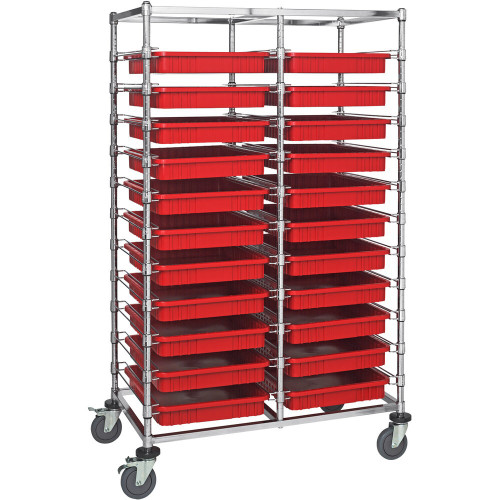 Quantum Storage Systems BC214069M2DRD 24" x 40" x 69" Double Mobile Bin Cart with 22 Red Divider Bins