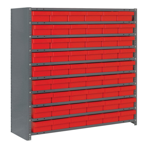 Quantum Storage Systems CL1239-401RD Super Tuff 36" x 12" x 39" Steel Closed 10-Shelf Euro Drawer Shelving System with (54) 11 5/8" x 5 9/16" x 2 1/8" Red Bins
