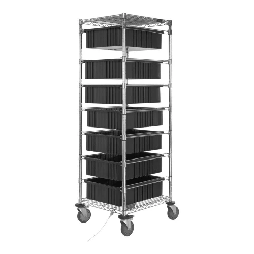 Quantum Storage Systems BC212469M1CO 21" x 24" x 69" Carbon Steel Mobile Bin Cart with 2 Wire Shelves and (7) 22 1/2" x 17 1/2" x 6" Black Conductive Bins