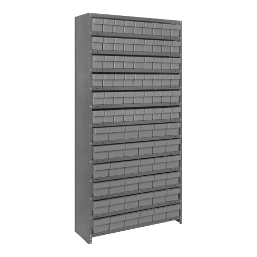 Quantum Storage Systems CL1875-624GY Super Tuff 36" x 18" x 75" Steel Closed 13-Shelf Euro Drawer Shelving System with (54) 17 7/8" x 3 3/4" and (36) 17 7/8" x 5 9/16" Gray Bins