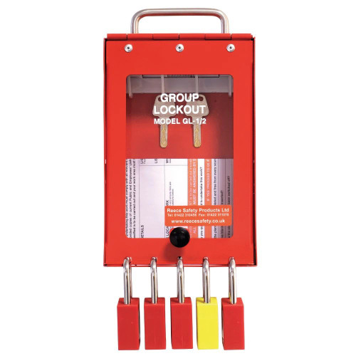 Reece Safety GL1/2 Steel Wall mounted or Portable Group Lockout Box - 4 hook. Colour Red.