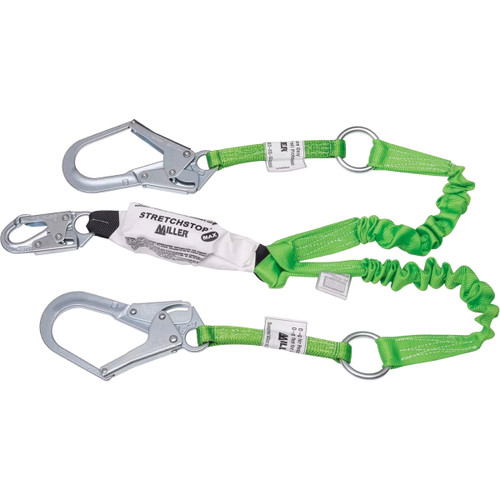 Miller 980RSS-RR-Z7 Double Leg Stretechable Lanyard with Double SofStop® Absorbers, Rebar Hooks and Integrated Rescue Ring