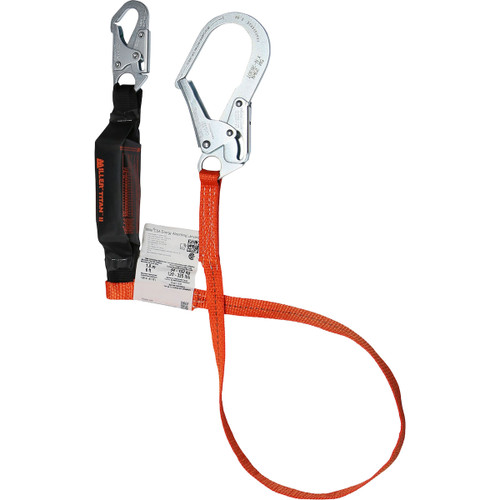 Miller T1SSSR Single Leg Pack-Type Shock-Absorbing Web Lanyard with Locking Snap Hook and Large Locking Rebar Hook