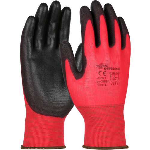 PIP Global Safety 701CRPB Zone Defense Red Nylon Shell With Black Polyurethane Palm Coat, Cut Resistant Glove, A1
