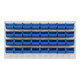 Quantum Storage Systems QLP-3619HC-210-32BL 36" x 19" Oyster White Steel Louvered Panel with (32) 5 3/8" x 4 1/8" x 3" Blue Bins