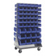 Quantum Storage Systems QMD-36H-230240BL 36" x 25" x 72" Gray Steel Mobile Double-Sided Louvered Rack with (72) 10 7/8" x 5 1/2" x 5" and (24) 14 3/4" x 8 1/4" x 7" Blue Bins