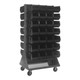 Quantum Storage Systems QMD-36H-240BK 36" x 25" x 72" Gray Steel Mobile Double-Sided Louvered Rack with (56) 14 3/4" x 8 1/4" x 7" Black Bins