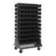 Quantum Storage Systems QMD-36H-230BK 36" x 25" x 72" Gray Steel Mobile Double-Sided Louvered Rack with (120) 10 7/8" x 5 1/2" x 5" Black Bins