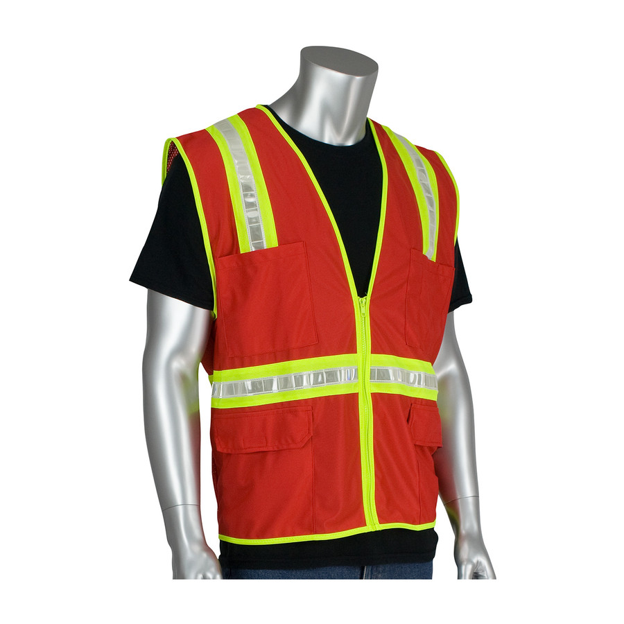PIP 300-1000 Non-ANSI Surveyor's Style Safety Vest with a Solid Front, Mesh Back and Prismatic Tape Red