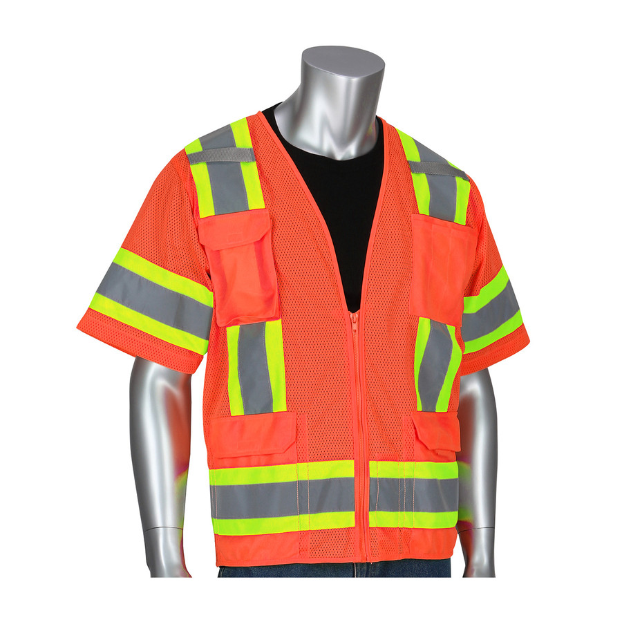 PIP 303-0500M ANSI Type R Class 3 Two-Tone Eleven Pocket Mesh Surveyors Vest Hi-Vis Orange