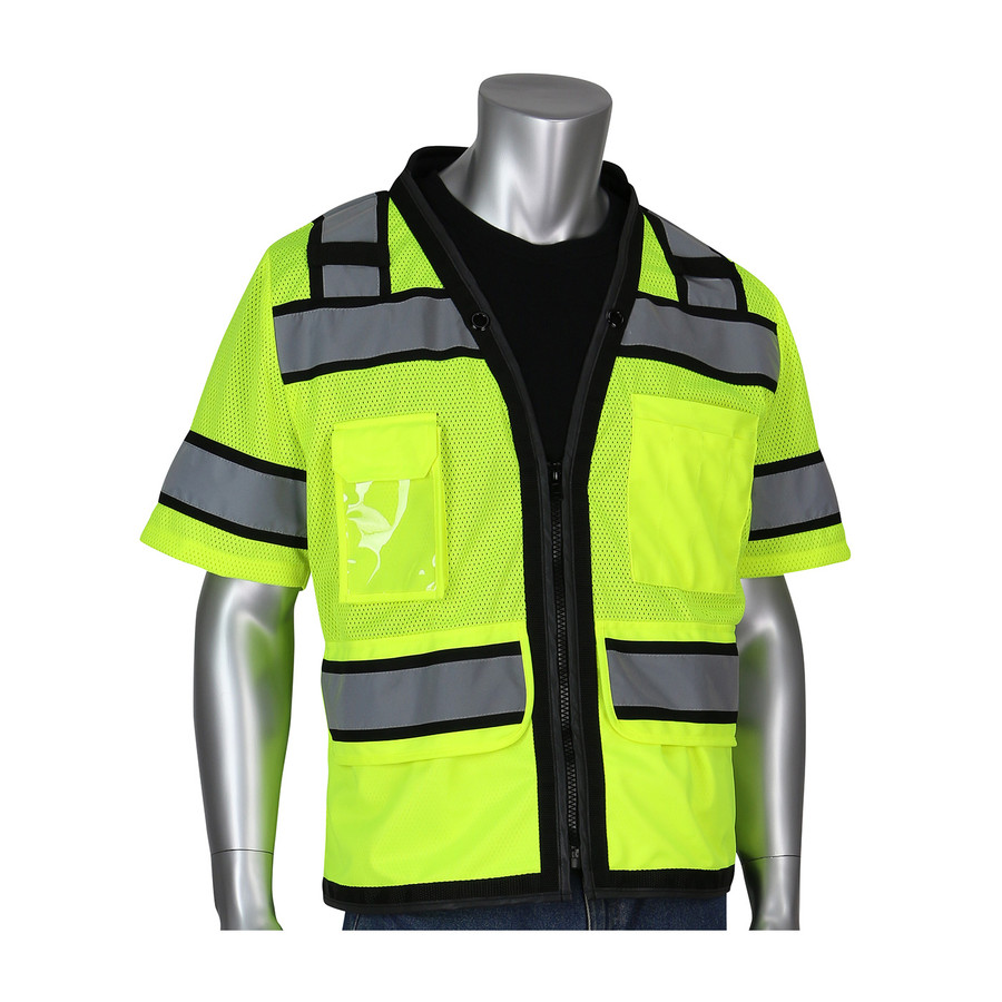 PIP 303-0800D ANSI Type R Class 3 Black Two-Tone Eleven Pocket Tech-Ready Mesh Surveyors Vest with "D" Ring Access Hi-Vis Yellow