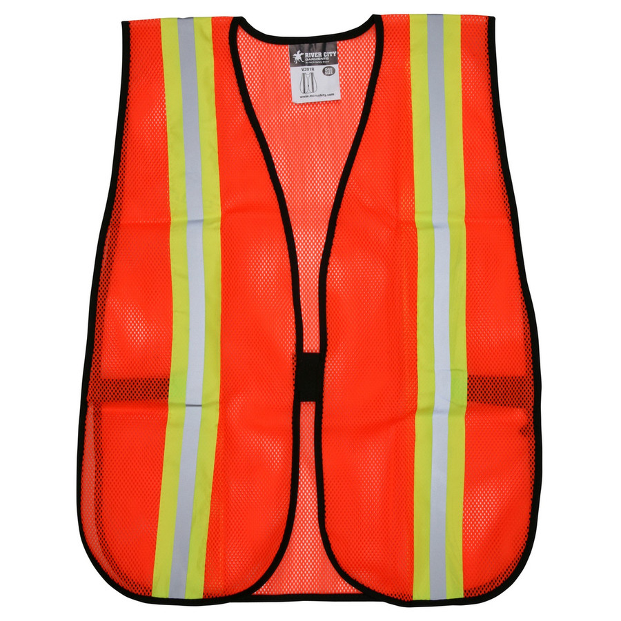 MCR Safety V201R General Purpose Safety Vest, Polyester Mesh, 2" Lime/Silver Reflective Stripes, Orange