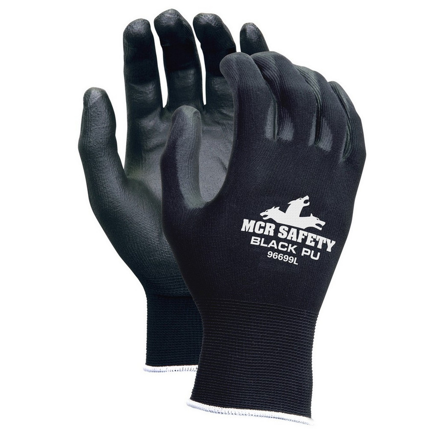 MCR Safety 96699XS 13 Gauge Black Polyester Shell, Black PU Palm & Fingers