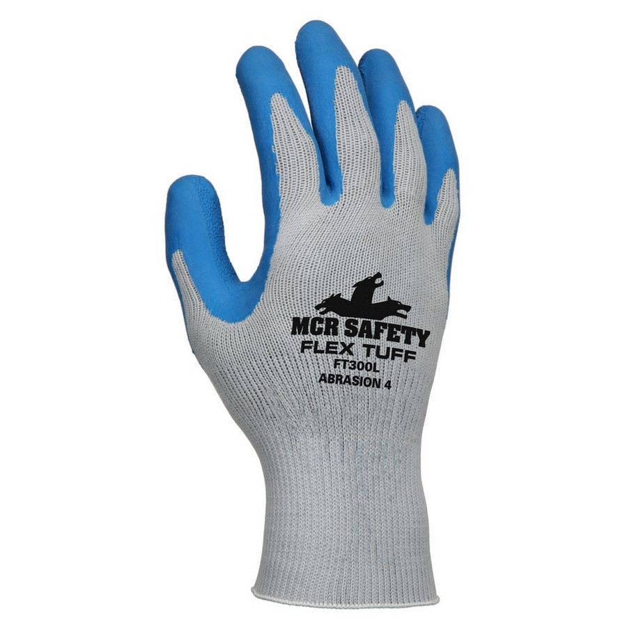 MCR Safety FT300S FlexTuff 10 Gauge Gray Cotton/Polyester, Blue Latex Palm and Fingertips
