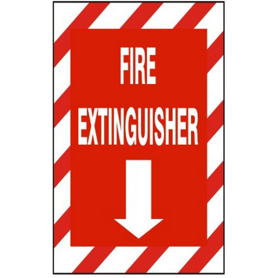 Safehouse Signs G-262933 Fire Extinguisher With  Down Arrow  With  Red & Wht Stripe Border, 14X10, Plastic (.040)
