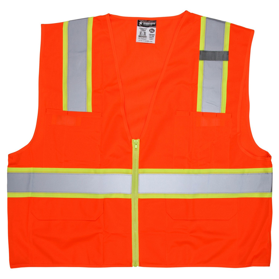 MCR Safety SURVO Safety vest, Class 2 Surveyor Style, 3" Lime/Silver Reflective, Zipper Front, 6 Pockets, Orange