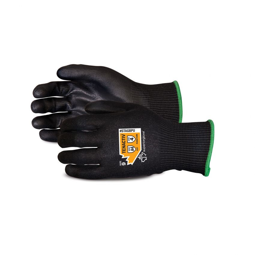 Superior Glove STAGBPU TenActiv Glove, Black 13ga Knit High Performance Fibers, Polyurethane Palm, ANSI Cut Level A4