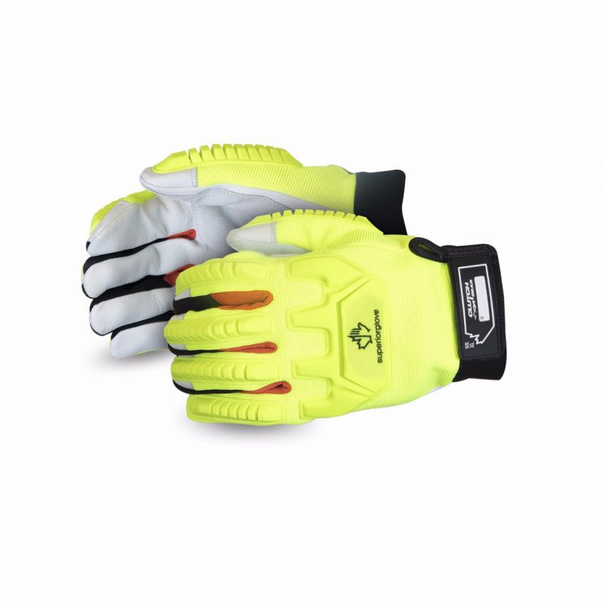 Superior Glove MXGCEHVB Clutch Gear Glove, Hi-Viz Grain Goat Mechanics, Split Palm & Thumb, Hi-Viz TPR Back