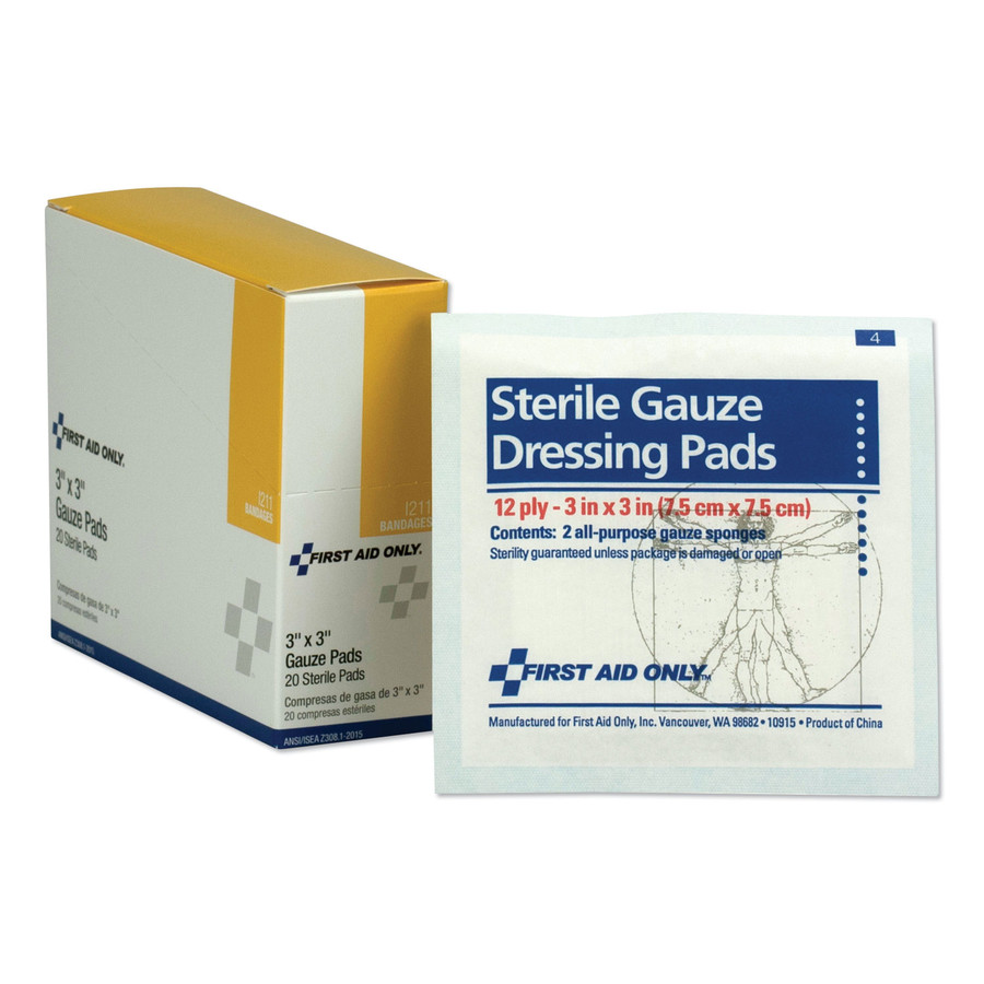 First Aid Only FAOI211 Gauze Dressing Pads, 3" x 3", 10/Box